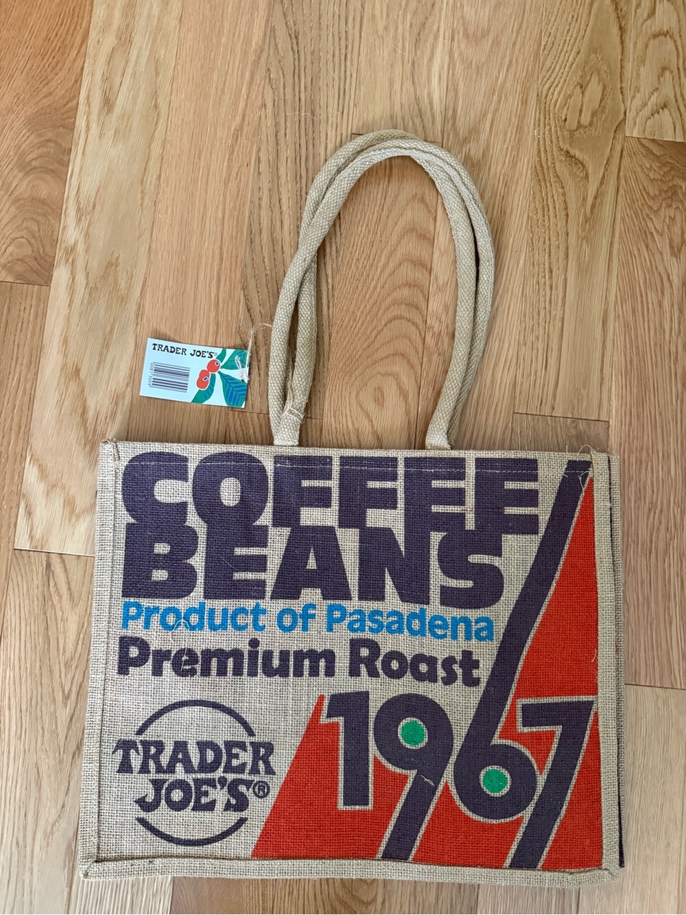 NEW!! Trader Joe’s COFFEE BEANS Pasadena Burlap Jute Tote Bag
